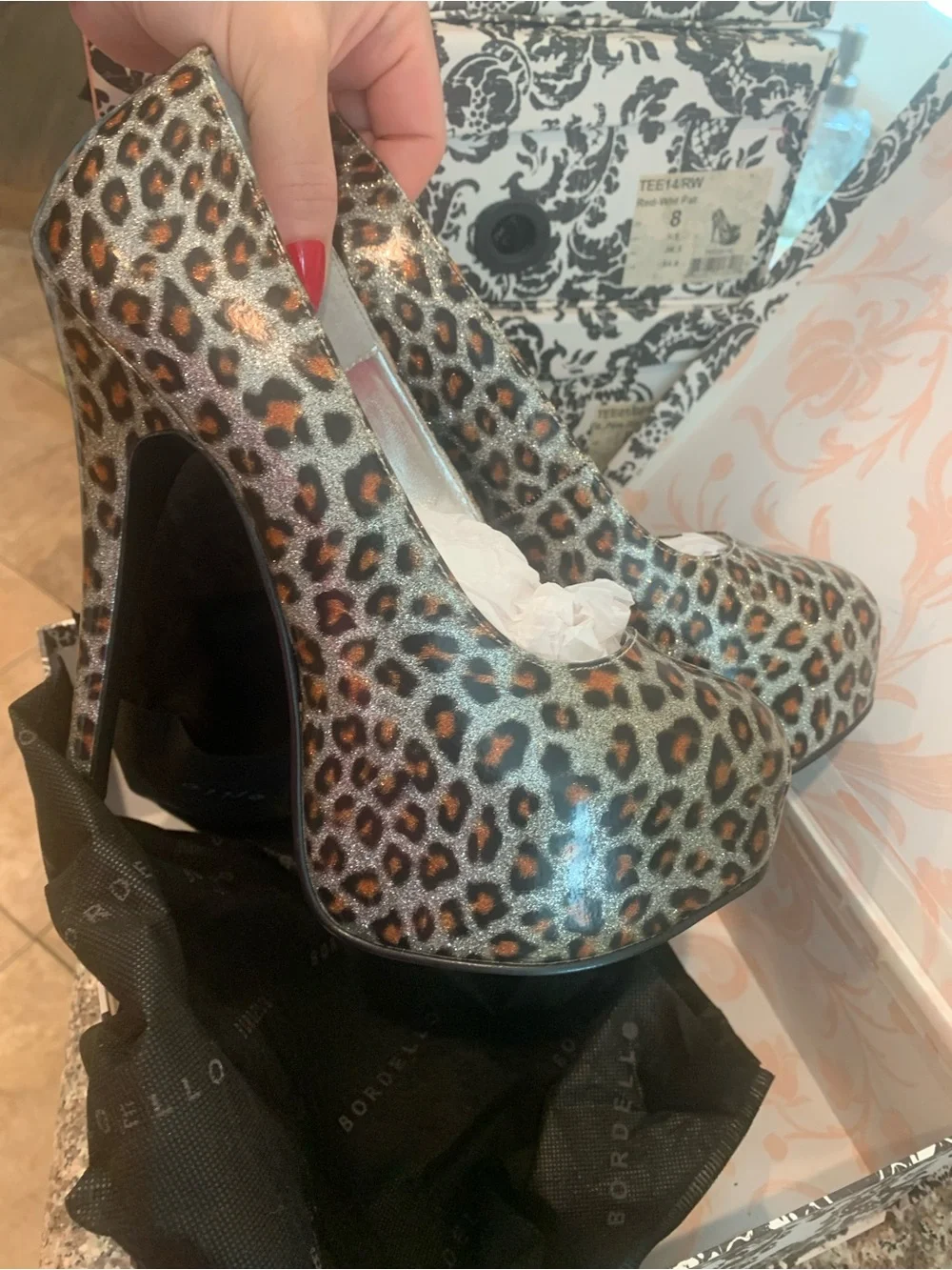 Bordello Metallic Silver Leopard Platform Pumps with Brown Spots
